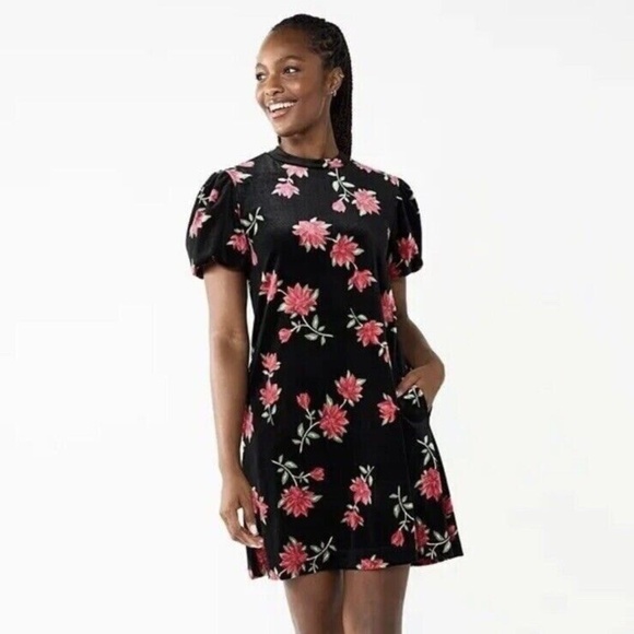 Draper James Retro Black Velvet Floral Midi Dress Red Poinsettia Fall, Size M - Picture 1 of 13